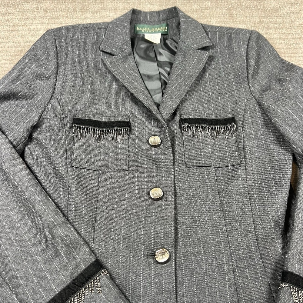 Harve Benard 100% Wool Pinstripe Blazer Sz 10 Gray Chain Fringe Trim Velvet Cuff
